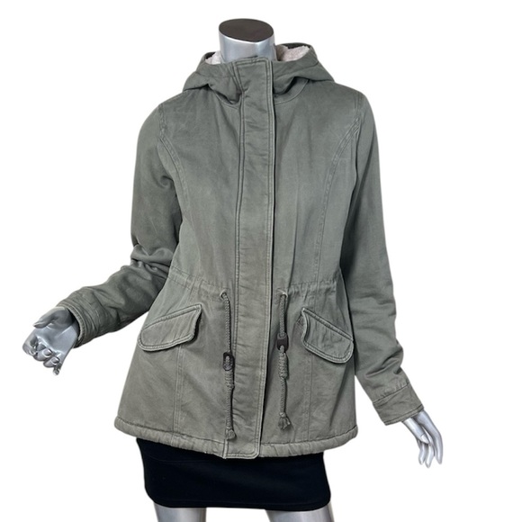 Sebby Sherpa Lined Hooded Utility Jacket Winter Coat Parka Olive Women's Medium - Picture 2 of 13